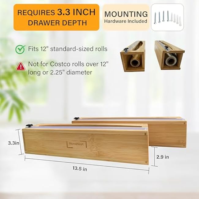 Wrap Organizer Dispenser with Cutter, (2 Piece Set), Fits 12 Rolls, Plastic Wrap, Aluminum Foil, Wax Paper, Saran Wrap, Cling Wrap Holder for Kitchen Storage, Mountable, Bamboo