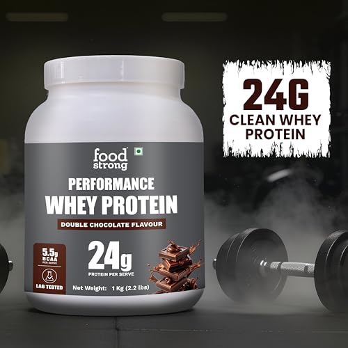 Image of Foodstrong Performance Whey Protein Powder | 24g Protein per Serving | Double Chocolate Flavour | 5.5g BCAA | Lab Tested | 1 kg