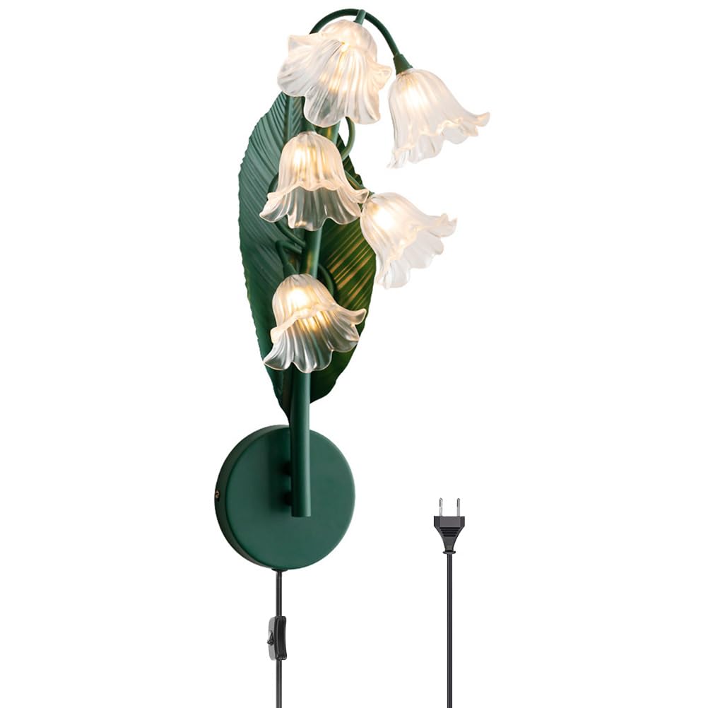 EaEa Innen Wandleuchte mit Schalter und Stecker, 5-Flammig Blumen Wandlampe mit Kabel, Acrylschirm, G4 Retro Metall Wand Nachttischlampe Schlafzimmer Wohnzimmer Dekorative Wandleuchten, Green,A