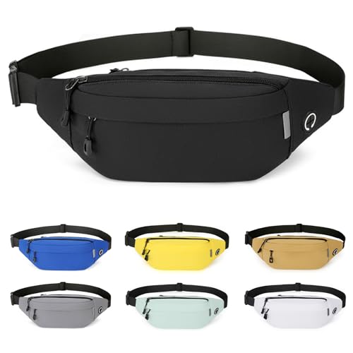 RISIPU Bumbags for Ladies Men,Waterproof 3 Zip Pockets Waist Bag with Headphone Jack and Adjustable Strap,Lightweight Bum Bag for Sport Running Hiking Cycling Travel (Black)