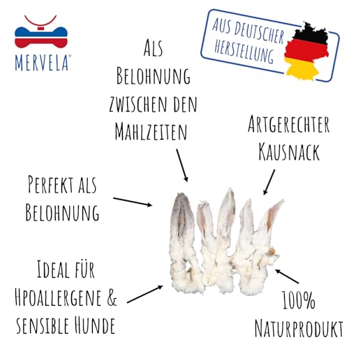 MERVELA® Hasenohren mit Fell für Hunde | 1 kg | 100% natürliche luftgetrocknete Kausnacks | hypoallergen & getreidefrei | unterstützt Verdauung & Zahnpflege 3