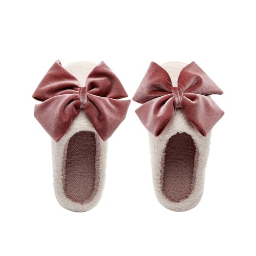 Womens Slippers Warm Velvet Non Slip Indoor Slippers Cozy Bedroom Shoes Bow Comfy Soft Teddy Fleece Slip-On Shoes - Main Image