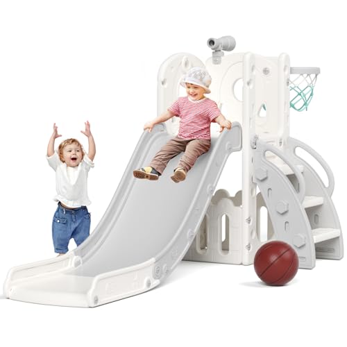 XJD 5 en 1 Tobogán Infantil para 1-3 años al Aire Libre e Interior, con aro de Baloncesto, tobogán Independiente, Escalera de Escalada y telescopios de Juego, tobogán de jardín(Blanco Gris)