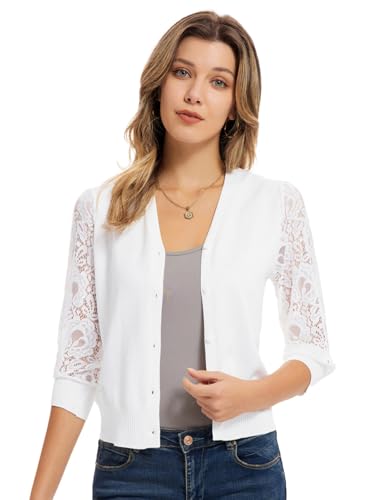 GRACE KARIN Damen Cardigan V-Ausschnitt Strickjacke Spitze Patchwork 3/4...