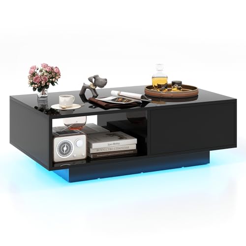 COSTWAY LED Coffee Table, Modern Cocktail Centre Table with 20 RGB Light Colors, Adjustable Brightness, Drawer and Storage Shelf, Wooden Rectangle Smart End Sofa Side Table for Living Room (Black)