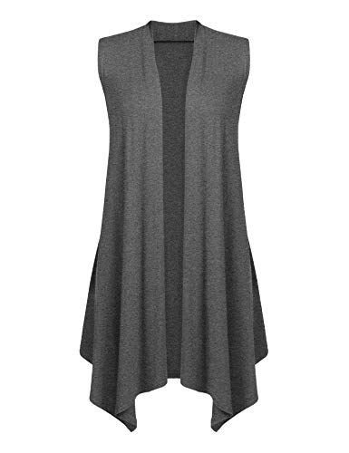 Women Solid Color Sleeveless Asymetric Hem Open Front Drape Long Cardigan Vest Dark Gray S