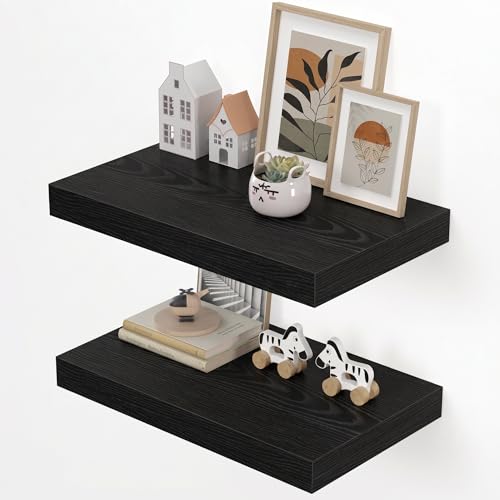 Image of Dreamland 20 inch Floating Shelves for Wall, 12 inch Deep Thicker Black Floating Shelves, Wall-Mounted Shelves for Bedroom, Living Room, Kitchen, Bathroom - Set of 2