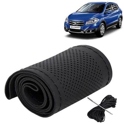 Image of KINGSWAY PU Leatherite Car Steering Cover Sewable Compatible with Maruti Suzuki S Cross (Year 2014-2017), Black Color with Black Thread, Pack of 1 with Sewing Needle and Thread