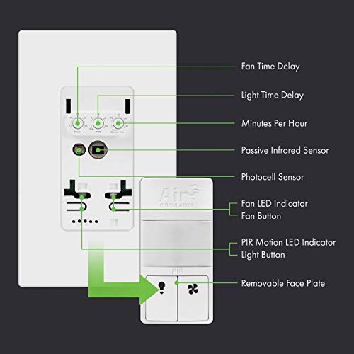 Topgreener Dual Load Air Circulator Switch, Infrared Pir Motion Sensor Timer Switch For Bathroom Exhaust Fan & Light Combo, Neutral Wire Required Auto Hourly Fresh Air Switch, Tdtos5-W, White #TOP1
