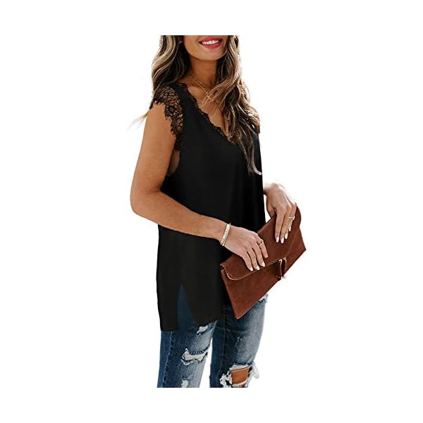 XIEERDUO-Womens-V-Neck-Lace-Tank-Tops-Summer-Casual-Sleeveless-Shirts-Side-Split Womens Lace Tank Tops Cute Summer Boho Tops Comfy Flowy Cute Fashion Black L