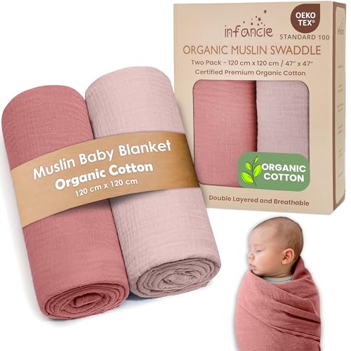 Image of infancie Organic Cotton Muslin Baby Blanket - 47x47 Inch Breathable Swaddle, Hypoallergenic Double-Layer, Versatile Use (Rose/Peach, 47x47 Inch)