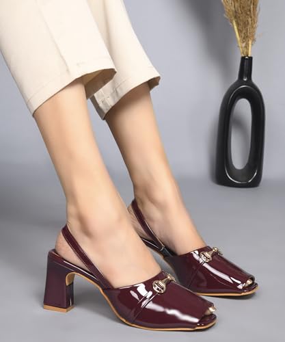 Image of JM LOOKS Sophisticated Patent Finish Block Heel Sandals with Elegant Metallic Horsebit Detail and Secure Slingback Strap