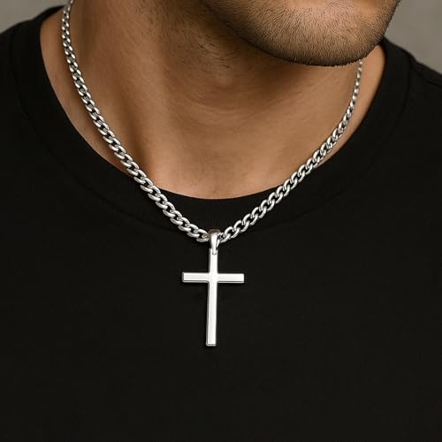 925 Sterling Silver Cross Necklace for Men Women, 5mm Stainless Steel Diamond-Cut Cuban Link Curb Chain2
