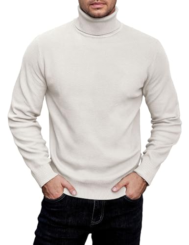 COOFANDY - Jersey de punto acanalado con cuello redondo y mangas largas para hombre, blanco, M