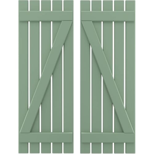 19 1/2"W x 39"H Americraft Five Board (2 Batten) Exterior Real Wood Spaced Board-n-Batten Shutters w/Z-Bar (Per Pair), Track Green
