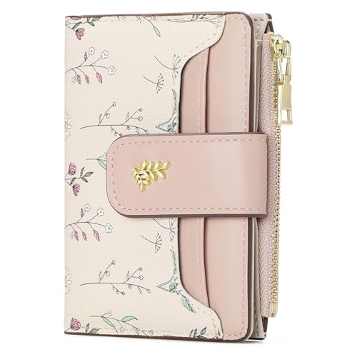 BAYITIONE Small Wallets for Women Leather Bifold Zipper Pocket Wallet Cute Flower Credit Card Holder Coin Purse with ID Window