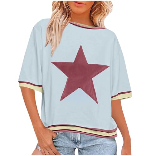 Blusa para mujer con estampado de estrellas de moda, camiseta de manga corta, camiseta de verano, suelta, cuello redondo, jersey corto, camiseta básica, camiseta deportiva, túnica, blusas, ropa de
