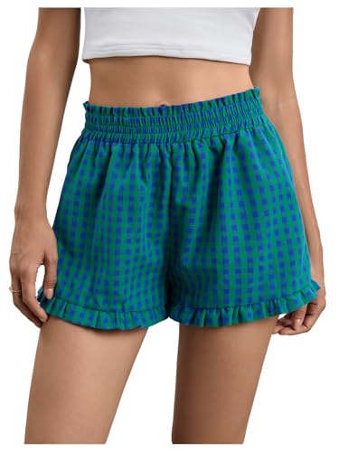 Image of MakeMeChic Women's Gingham Ruffle Lounge Shorts Elastic High Waist Pajamas Boxer Shorts