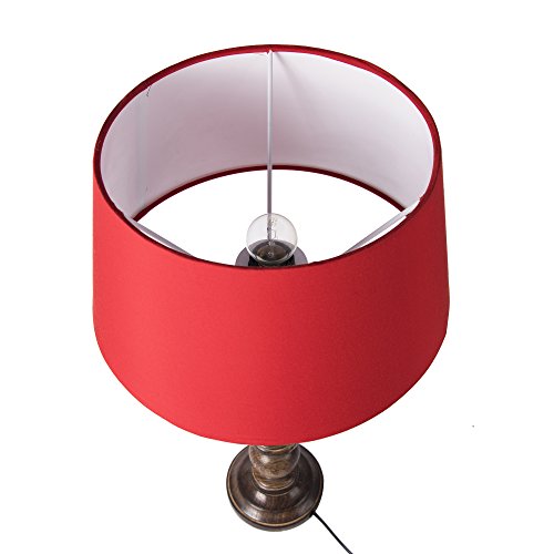 Image of Homesake Handcrafted Wooden Table Lamp for Bedroom & Living Room | Decorative Bedside Reading Lamp with Fabric Shade, E27 Holder | Bulb Included | Black Floral Carved Base for Home Decor, Red Drum