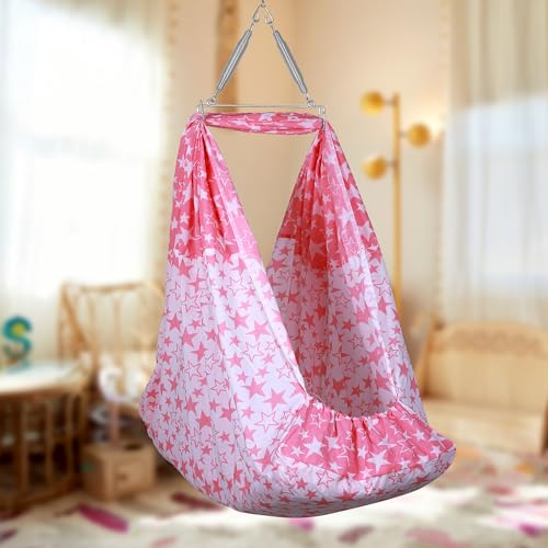 Image of Baby Cradle Swing for Newborns | Cotton Fabric Filled with Recron Fibre | Hanger Spring, Mosquito Net & Mattress with Insert Pocket | Jhoola, Thottil, Joli, Jokali, Onjal-Lt Mehendi (Pink)