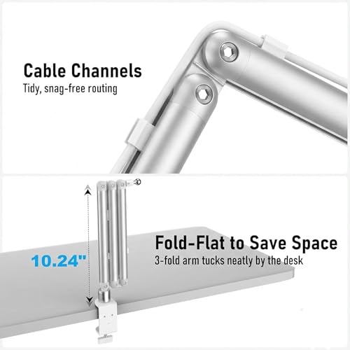 Image of Portable Monitor Stand 15.6 inch, Heavy Duty Tablet Arm Mount with Desk Clamp | Sag-Free Adjustable iPad Holder for Bed, 360 Foldable Arm Fits 4.7 inch to 18.5 inch iPad Pro /Air /Mini, Thick Case Friendly, White