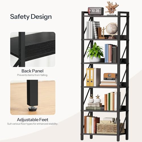 Image of HOOBRO Bookshelf, 6-Tier Industrial Bookcase, Book Shelf Storage Organizer, Tall Bookshelf with Metal Frame for Living Room, Bedroom, Home Office, Kitchen, Black BB72SJ01