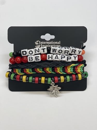 LUX ACCESSORIES International Inspirations Dont Worry Be Happy Rasta Weed Arm Candy Bracelet Set (5pc)3