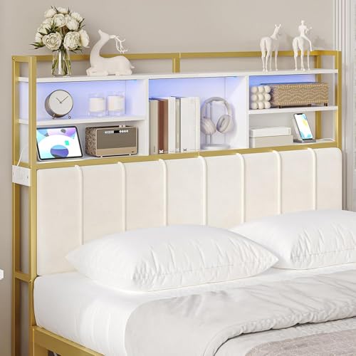 Hzuaneri Headboard with 3-Tier Storage Shelves, Velvet Upholstered Head Board with 2 Outlets, USB Ports & LED Light, Soft Backrest for Queen Size Bed, White and Gold BH15203AV1
