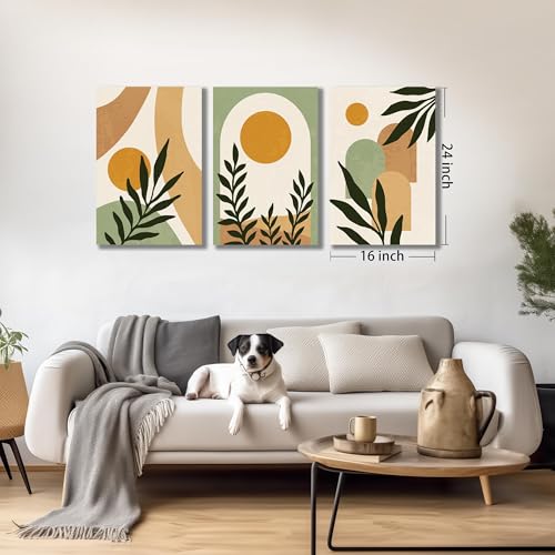 Image of Boho Sun Canvas Wall Art Set of 3, Neutral Abstract Minimalismt Bohemian Geometric & Botanical Plants Pictures Prints Artwork Paintings Wall Decor for Bedroom Living Room Home Decoration 16x24 inches