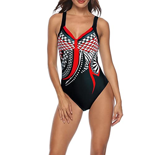 Kasituny Mode Vintage geometrischer Druck rückenfrei Monokini Frauen Sommer Strand Einteiler Bademode, XXL, Polyester Cover