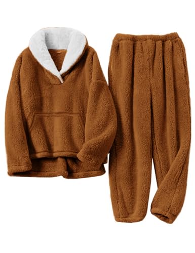 COZYPOIN Women's Fluffy Pajamas Set 2 Piece Soft Fleece Pjs Pullover Pants Loose Plush Sleepwear Warm Fuzzy Loungewear