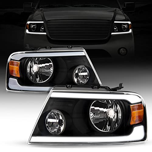 SEALIGHT LED DRL Headlight Assembly Fit for 2004 2005 2006 2007 2008 F150, Headlamp Replacement Pair with Daytime Running Light Black Housing Clear Lens Amber Reflector