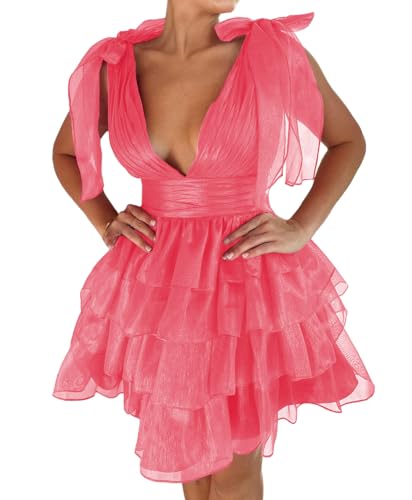 Bow Straps Tulle Homecoming Dress Tiered Sparkly Short Prom Dress 2024 V Neck Cocktail Party Gown