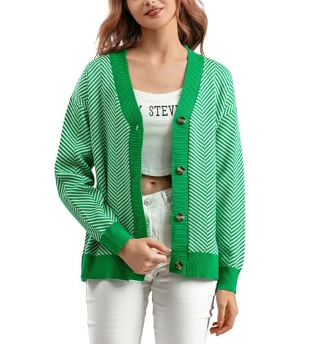 chouyatou Women's 2025 Button Down V Neck Cardigans Herringbone Striped Sweater Cardigan Jacket Outerwear Coat