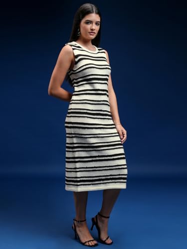 Image of Tokyo Talkies Women Tofu & Jet Black Sleveless Striped Sheath Sweater Dress