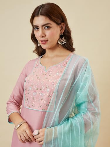 Image of MOKOSH Women's Silk Blend Kurta Pant with Dupatta | Kurta Set | Embroidery | Indian Kurta Outfit With Pant | Ethnic Kurta | 3 Piece Outfit