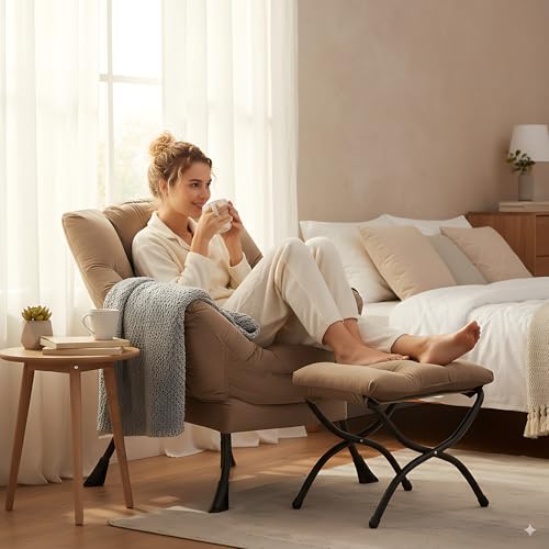 Image of LITA Lazy Chair with Ottoman, Modern Accent Leisure Upholstered Sofa Chair, Contemporary Lounge Reading Chairs with Armrests and a Side Pocket for Living Room, Bedroom & Small Space, Dark Brown