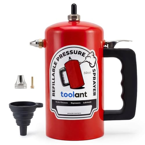 toolant 32oz Refillable Pressurized Sprayer Steel Canister Rust-Resistant Lining Needle Valve Leak-Resistant Dual Nozzles 1.0/0.6mm Funnel Included 200 PSI Max for Brake Cleaner & Solvents Red