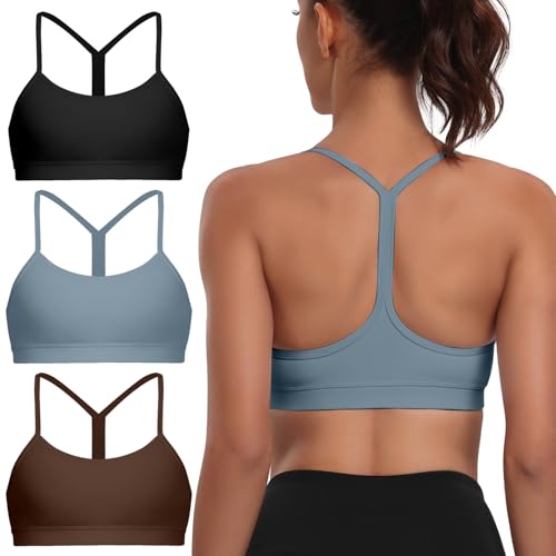 Image of Raxnode Women's 3-Pack Y-Back Sports Bra, Thin Spaghetti Strap Nylon Yoga Bra with Removable Cups, Light Support Bralettes