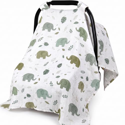 Image of Beatoutou Baby Car Seat Cover，100% Muslin Cotton Carseat Covers for Baby Boy /Girl,UniversalInfant Car Seat Cover for Newborn Summer Essentials,Soft & Breathable(Cute Elephant)