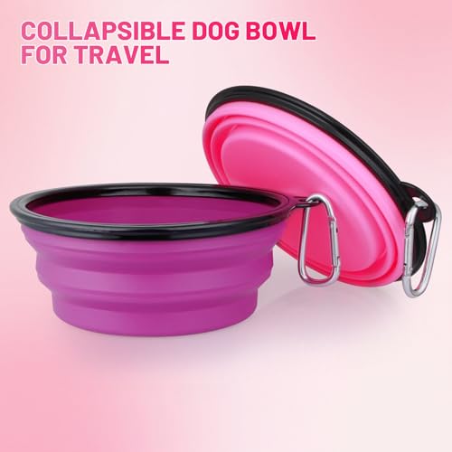 Image of SLSON Dog Bowl Pet Collapsible Bowls, 2 Pack Collapsible Dog Water Bowls for Cats Dogs, Portable Pet Feeding Watering Dish for Walking Parking Traveling with 2 Carabiners (Large, Pink+Purple),Silicone