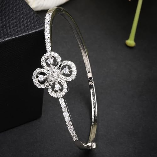 Image of ZENEME Rhodium-Plated Silver Tone American Diamond Floral Openable Kada Bracelet for Girls | White Floral CZ Studded Designer Hinged Bracelets For Women