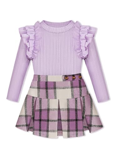 Image of AMAWMW Girl Outfits Skirt Set Ruffle Long Sleeve Top Plaid Skirt Fall Winer 2 Piece Set Clothes for Girls, Purple, 6-7 Years
