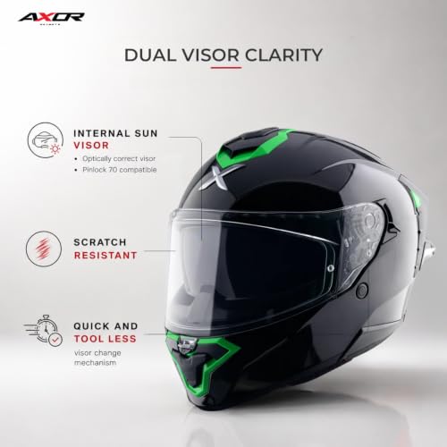 Image of Axor Brutale Corsa Helmet - Dual Spoiler | ECE 22.06, ISI & DOT Certified | Race-Ready Fit with D-Ring & UV-Protected Visor-Black Green, Size:S