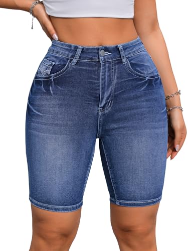 Sxkayxr Bermuda da donna a vita alta, jeans a vita media, orlo piegato, pantaloncini in denim estivi elasticizzati per le donne, lunghezza al ginocchio, Blu 2, XL