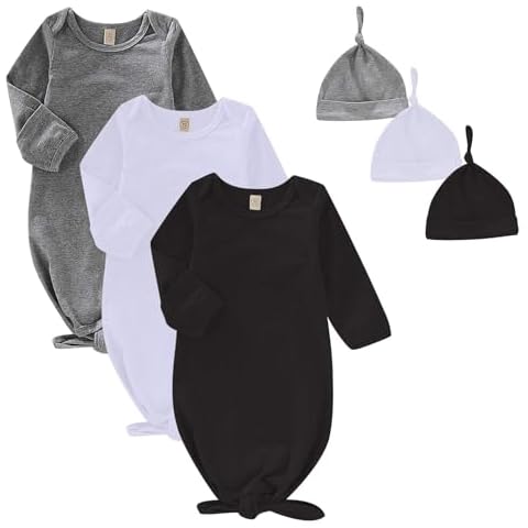 OPAWO Unisex Newborn Baby 3-Pack Cotton Knotted Gowns with Mitten Cuffs and Matching Hat for Boys Girls(Black,White,Gray/0-6 Months) Cover