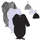 OPAWO Unisex Newborn Baby 3-Pack Cotton Knotted Gowns with Mitten Cuffs and Matching Hat for Boys Girls(Black,White,Gray/0-6 Months)