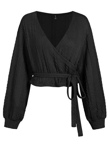 Image of ZAFUL Women's V Neck Sweater Lantern Long Sleeve Pullover Cable Knit Cross Crop Top Casual Tie Wrap Tunic Jumper Blouses
