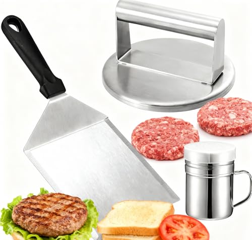 GWHOLE Prensa de Hamburguesa, Herramienta de Acero Inoxidable de Hamburguesa INOX 304, con espátula de Acero INOX, Lata de aliño, bistec, sándwich, barbacoaKits de Barbacoa 3 Piezas