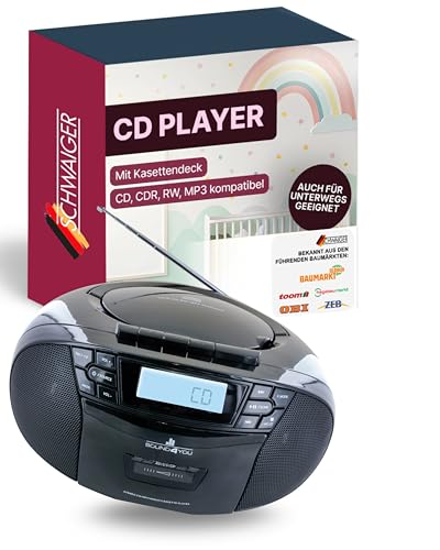 SCHWAIGER CD-Player I mit Kassettendeck & FM-Radio I tragbarer CD- & Kassettenspieler I CD-R, CD-WR, MP3, AUX, USB, FM kompatibel I CD-Spieler im 90er-Jahre Retro Look I tragbar & kabellos